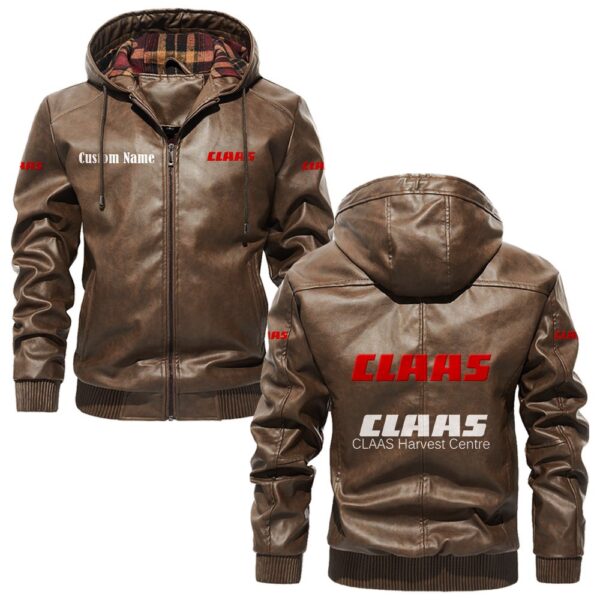 Custom Name Claas PU Leather Hooded Jacket – Personalized Logo Car Motorcycle Model - Image 3