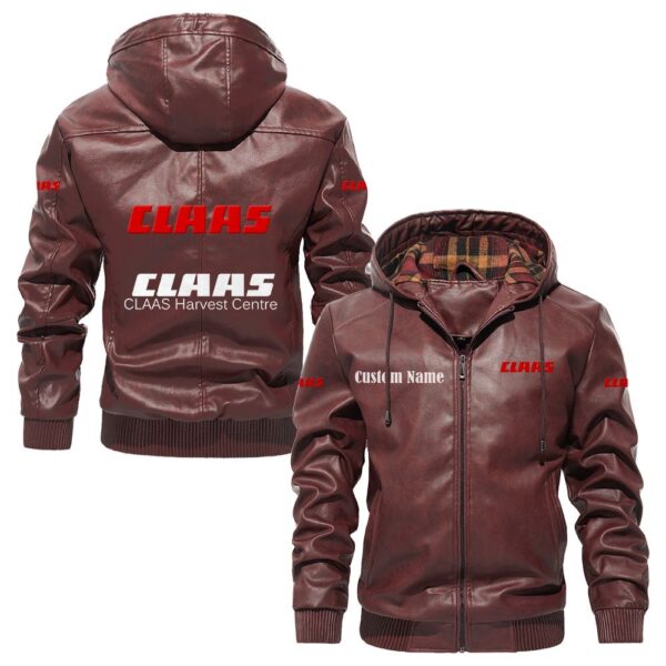 Custom Name Claas PU Leather Hooded Jacket – Personalized Logo Car Motorcycle Model - Image 2