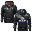Custom Name Daf PU Leather Hooded Jacket – Personalized Logo Car Motorcycle Model