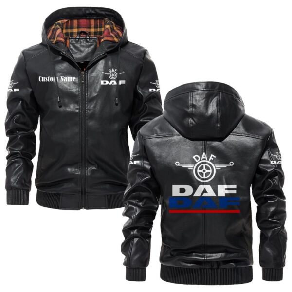 Custom Name Daf PU Leather Hooded Jacket – Personalized Logo Car Motorcycle Model