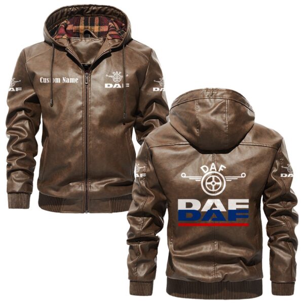 Custom Name Daf PU Leather Hooded Jacket – Personalized Logo Car Motorcycle Model - Image 3