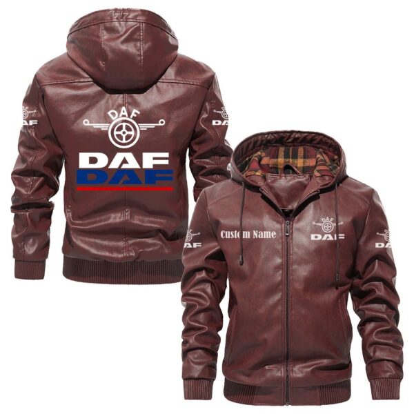 Custom Name Daf PU Leather Hooded Jacket – Personalized Logo Car Motorcycle Model - Image 2