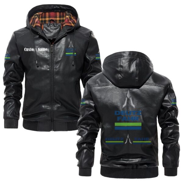 Custom Name Deutz Fahr PU Leather Hooded Jacket – Personalized Logo Car Motorcycle Model