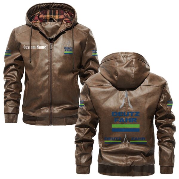 Custom Name Deutz Fahr PU Leather Hooded Jacket – Personalized Logo Car Motorcycle Model - Image 3