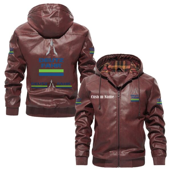 Custom Name Deutz Fahr PU Leather Hooded Jacket – Personalized Logo Car Motorcycle Model - Image 2