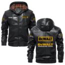 Custom Name Dewalt PU Leather Hooded Jacket – Personalized Logo Car Motorcycle Model