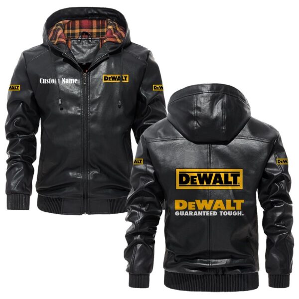 Custom Name Dewalt PU Leather Hooded Jacket – Personalized Logo Car Motorcycle Model