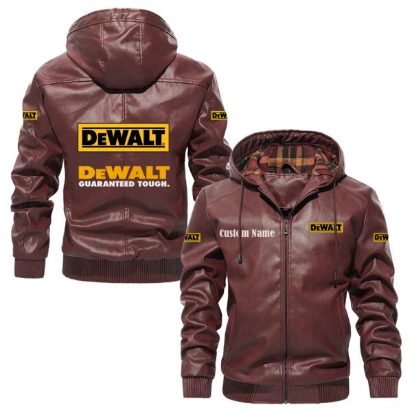 Custom Name Dewalt PU Leather Hooded Jacket – Personalized Logo Car Motorcycle Model - Image 2