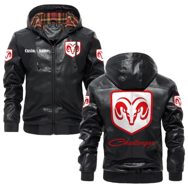 Custom Name Dodge Challenger PU Leather Hooded Jacket – Personalized Logo Car Motorcycle Model