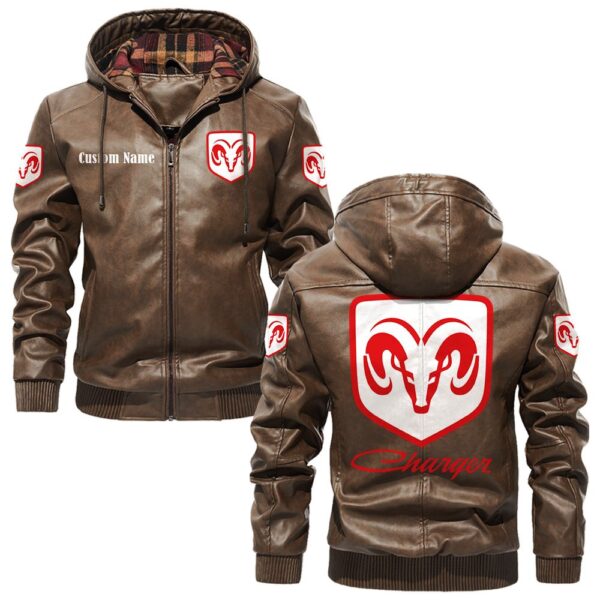 Custom Name Dodge Charger PU Leather Hooded Jacket – Personalized Logo Car Motorcycle Model - Image 3
