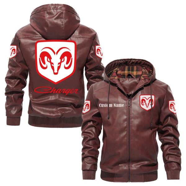 Custom Name Dodge Charger PU Leather Hooded Jacket – Personalized Logo Car Motorcycle Model - Image 2