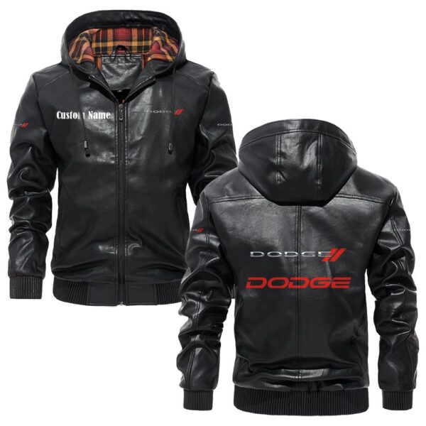 Custom Name Dodge PU Leather Hooded Jacket – Personalized Logo Car Motorcycle Model