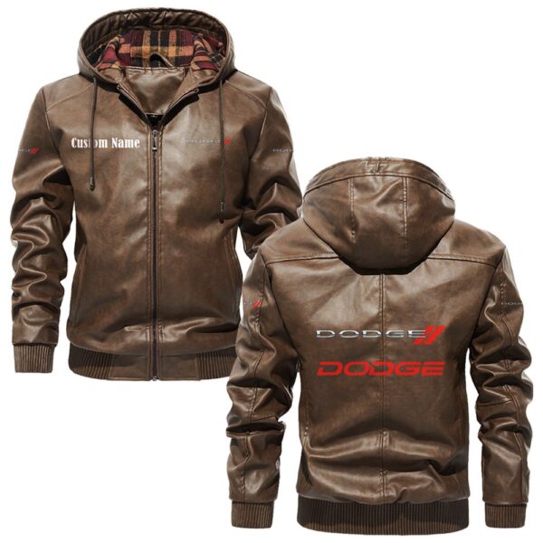 Custom Name Dodge PU Leather Hooded Jacket – Personalized Logo Car Motorcycle Model - Image 3