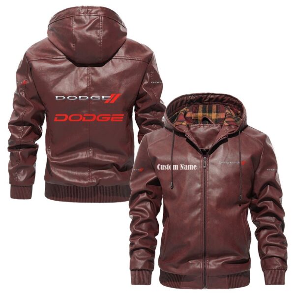 Custom Name Dodge PU Leather Hooded Jacket – Personalized Logo Car Motorcycle Model - Image 2