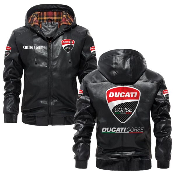 Custom Name Ducati Corse PU Leather Hooded Jacket – Personalized Logo Car Motorcycle Model