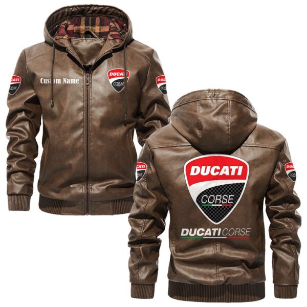 Custom Name Ducati Corse PU Leather Hooded Jacket – Personalized Logo Car Motorcycle Model - Image 3