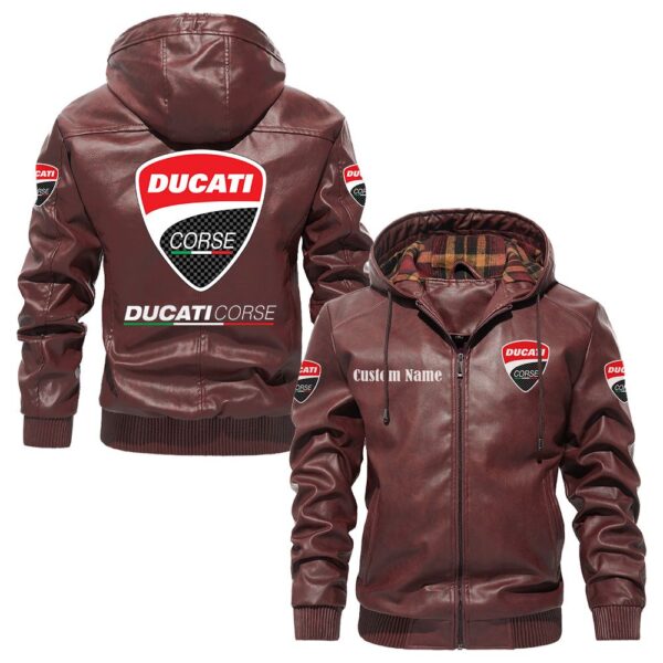 Custom Name Ducati Corse PU Leather Hooded Jacket – Personalized Logo Car Motorcycle Model - Image 2