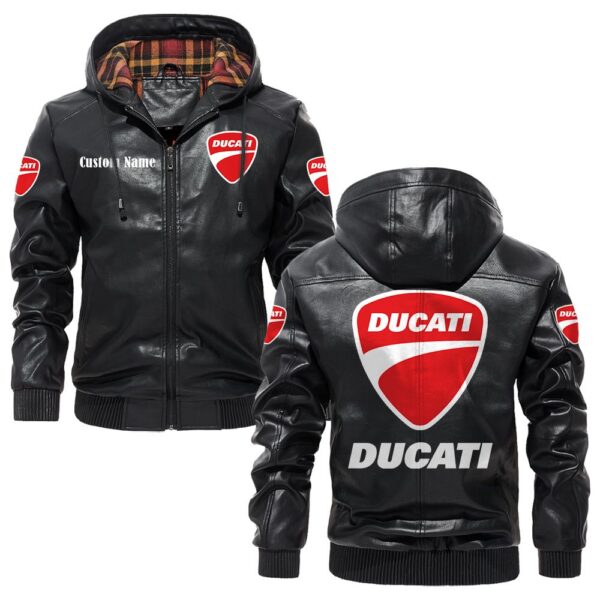 Custom Name Ducati PU Leather Hooded Jacket – Personalized Logo Car Motorcycle Model