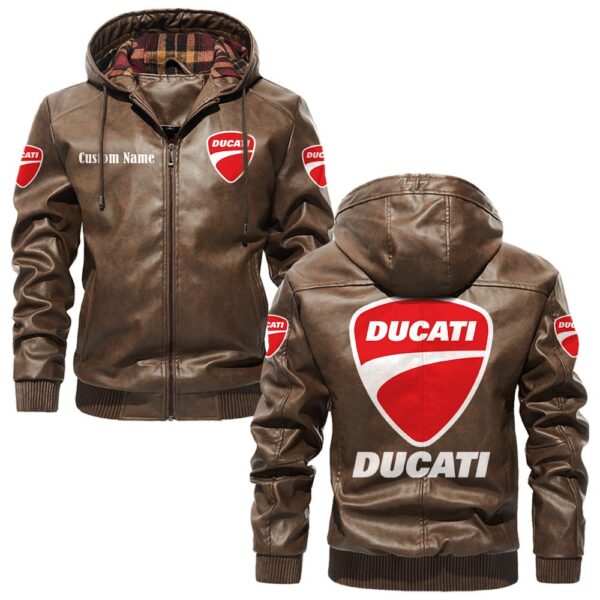Custom Name Ducati PU Leather Hooded Jacket – Personalized Logo Car Motorcycle Model - Image 3
