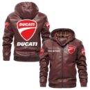Custom Name Ducati PU Leather Hooded Jacket – Personalized Logo Car Motorcycle Model