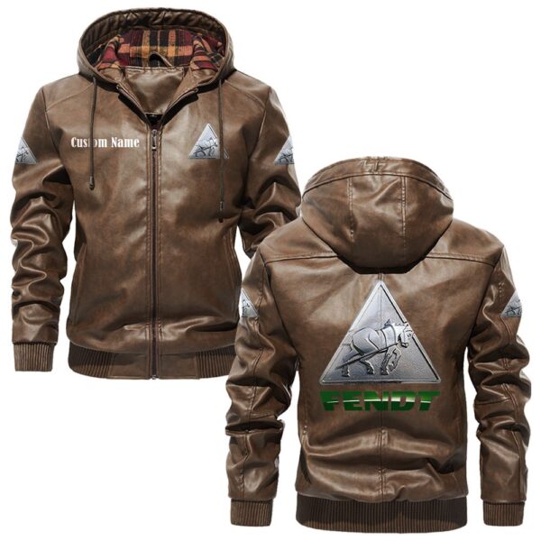 Custom Name Fendt PU Leather Hooded Jacket – Personalized Logo Car Motorcycle Model - Image 3