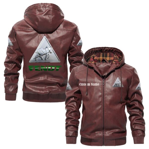 Custom Name Fendt PU Leather Hooded Jacket – Personalized Logo Car Motorcycle Model - Image 2