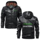 Custom Name Festool PU Leather Hooded Jacket – Personalized Logo Car Motorcycle Model
