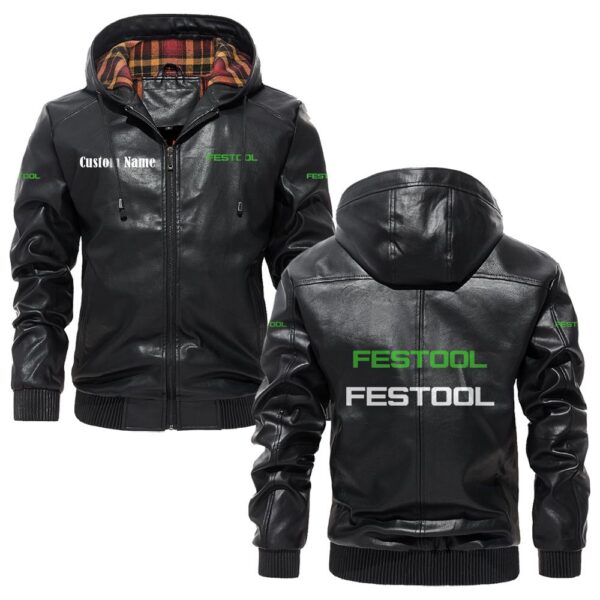 Custom Name Festool PU Leather Hooded Jacket – Personalized Logo Car Motorcycle Model