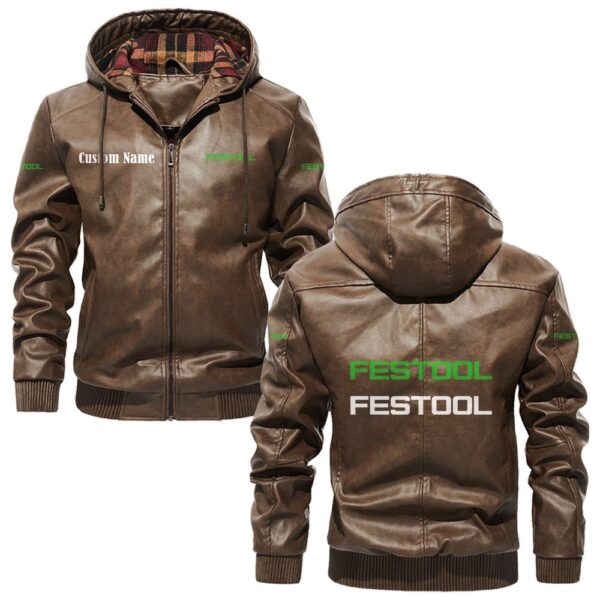 Custom Name Festool PU Leather Hooded Jacket – Personalized Logo Car Motorcycle Model - Image 3