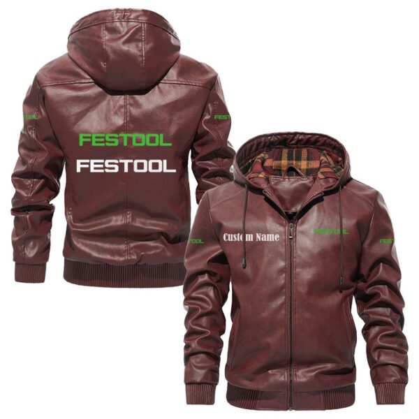 Custom Name Festool PU Leather Hooded Jacket – Personalized Logo Car Motorcycle Model - Image 2