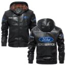 Custom Name Ford PU Leather Hooded Jacket – Personalized Logo Car Motorcycle Model