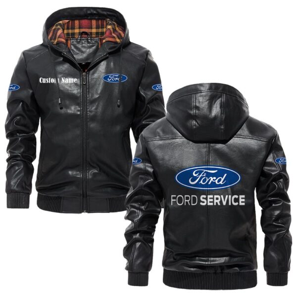 Custom Name Ford PU Leather Hooded Jacket – Personalized Logo Car Motorcycle Model