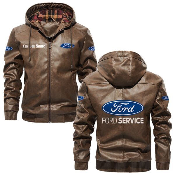 Custom Name Ford PU Leather Hooded Jacket – Personalized Logo Car Motorcycle Model - Image 3