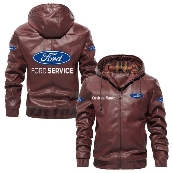 Custom Name Ford PU Leather Hooded Jacket – Personalized Logo Car Motorcycle Model - Image 2