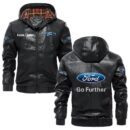 Custom Name Ford Motor Company PU Leather Hooded Jacket – Personalized Logo Car Motorcycle Model