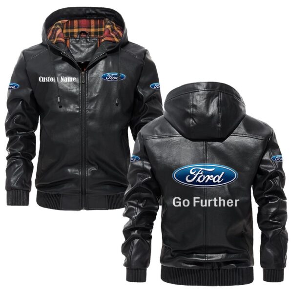 Custom Name Ford Motor Company PU Leather Hooded Jacket – Personalized Logo Car Motorcycle Model