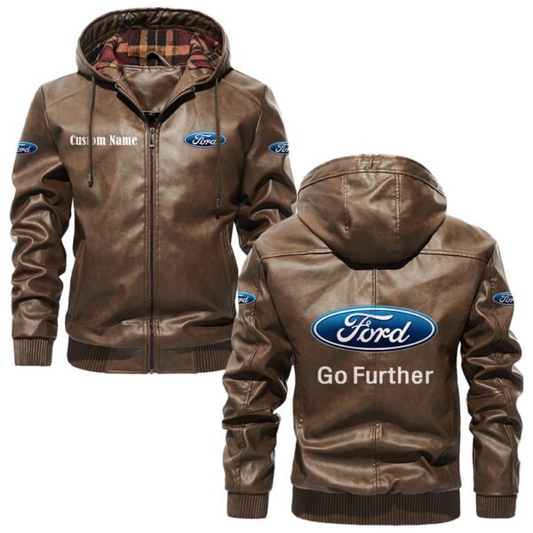 Custom Name Ford Motor Company PU Leather Hooded Jacket – Personalized Logo Car Motorcycle Model - Image 3
