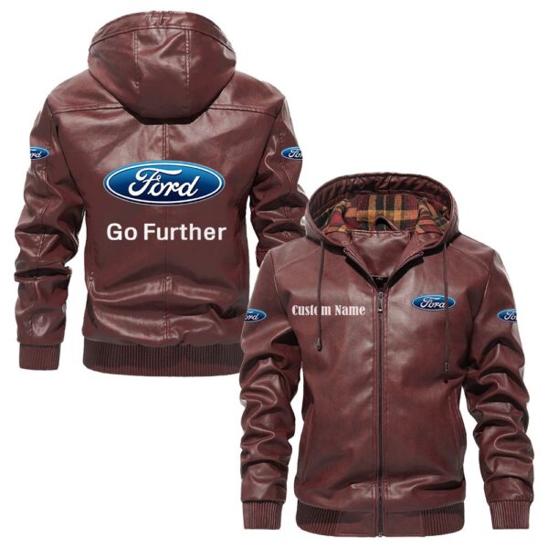 Custom Name Ford Motor Company PU Leather Hooded Jacket – Personalized Logo Car Motorcycle Model - Image 2