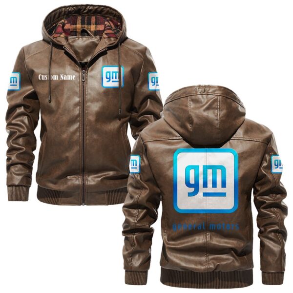 Custom Name General Motors PU Leather Hooded Jacket – Personalized Logo Car Motorcycle Model - Image 3