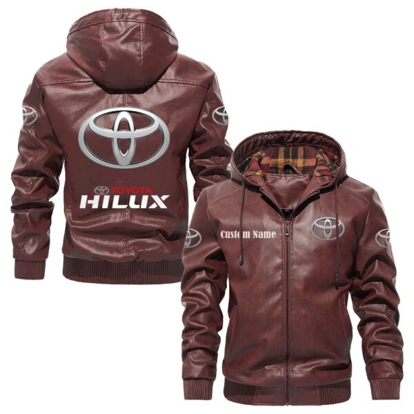 Custom Name Hilux PU Leather Hooded Jacket – Personalized Logo Car Motorcycle Model - Image 2