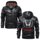 Custom Name Honda PU Leather Hooded Jacket – Personalized Logo Car Motorcycle Model