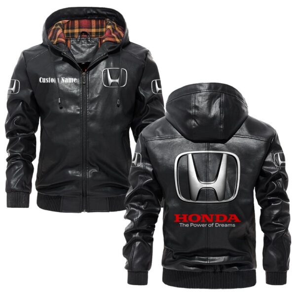 Custom Name Honda PU Leather Hooded Jacket – Personalized Logo Car Motorcycle Model