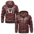 Custom Name Honda PU Leather Hooded Jacket – Personalized Logo Car Motorcycle Model