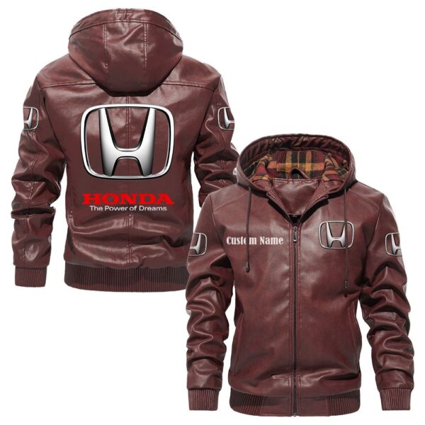 Custom Name Honda PU Leather Hooded Jacket – Personalized Logo Car Motorcycle Model - Image 2
