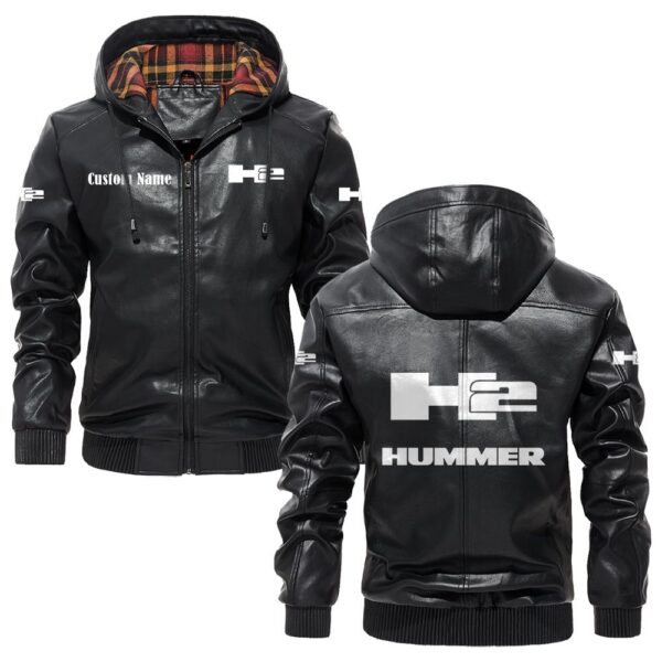 Custom Name Hummer H2 PU Leather Hooded Jacket – Personalized Logo Car Motorcycle Model
