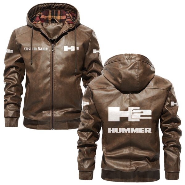 Custom Name Hummer H2 PU Leather Hooded Jacket – Personalized Logo Car Motorcycle Model - Image 3