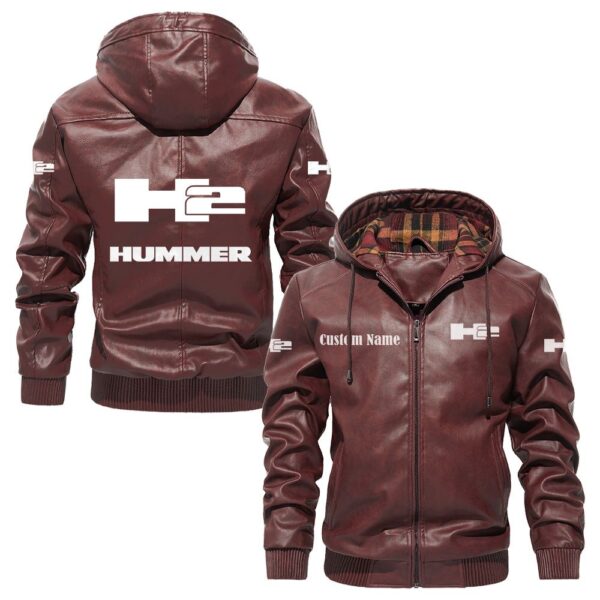 Custom Name Hummer H2 PU Leather Hooded Jacket – Personalized Logo Car Motorcycle Model - Image 2