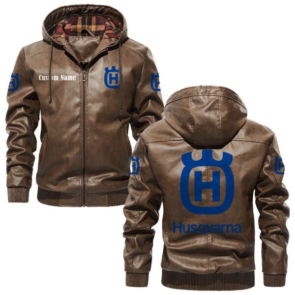 Custom Name Husqvarna PU Leather Hooded Jacket – Personalized Logo Car Motorcycle Model - Image 3