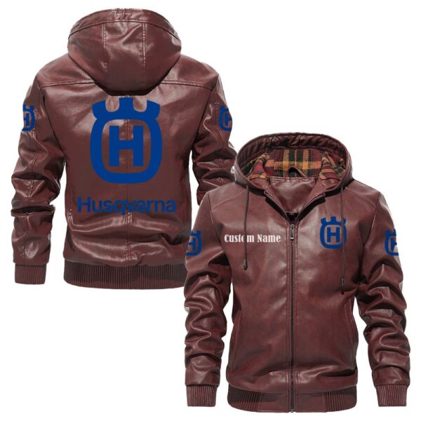 Custom Name Husqvarna PU Leather Hooded Jacket – Personalized Logo Car Motorcycle Model - Image 2