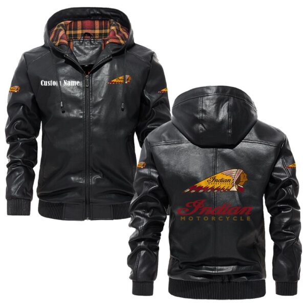 Custom Name Indian Motorcycle PU Leather Hooded Jacket – Personalized Logo Car Motorcycle Model